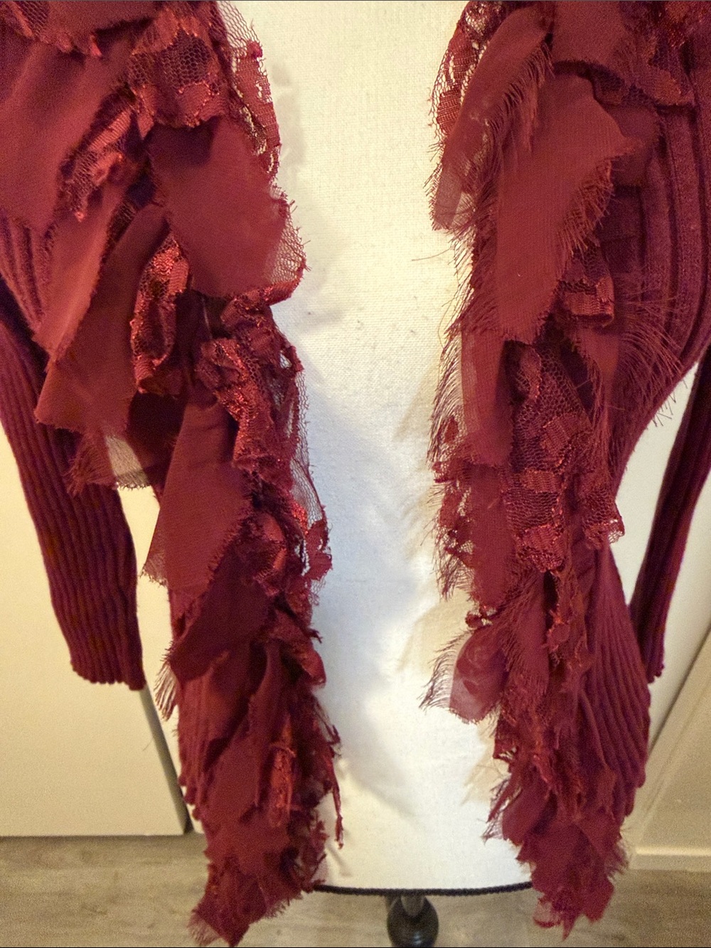 Ruffled Open-Front Cardigan Sweater - Wine